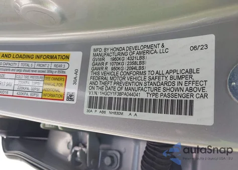 2023 Honda Accord Ex из США, поврежденный, VIN 1HGCY1F38PA044041